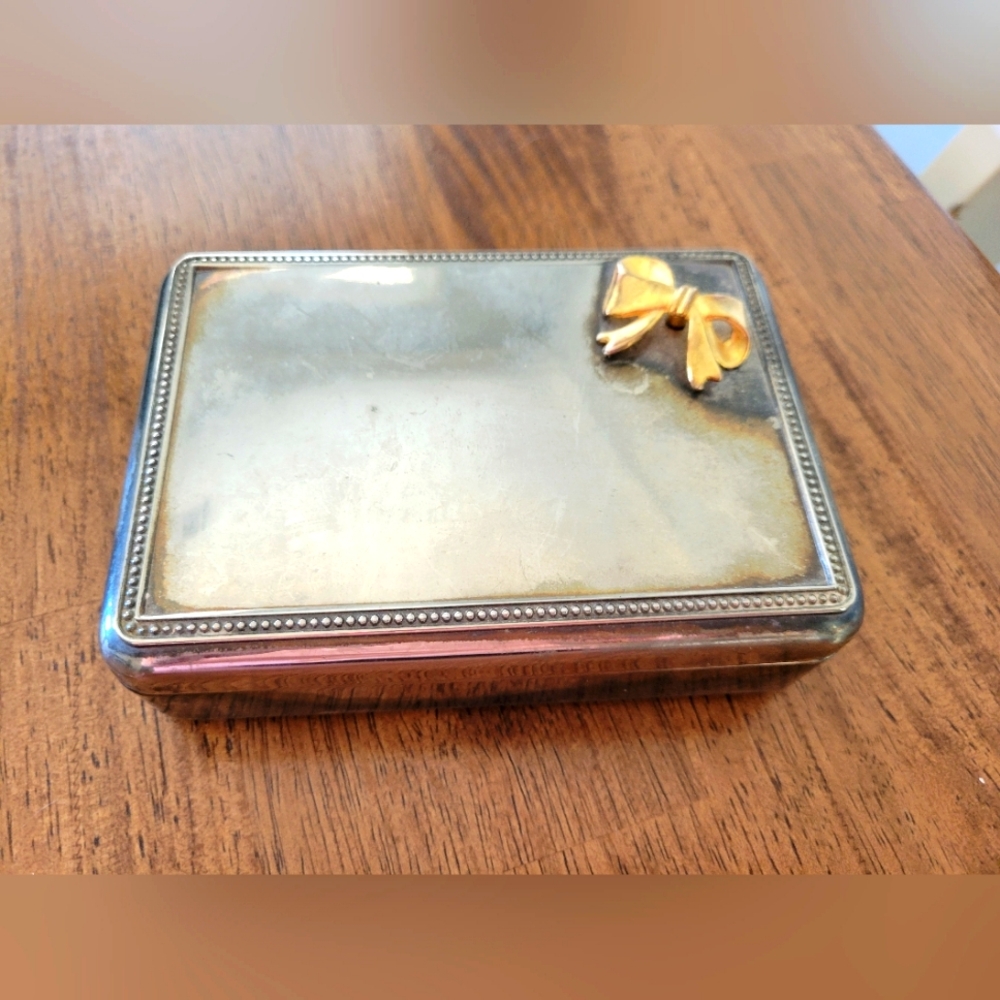 Vintage Silver Jewerly Box, Gold Bow On Top